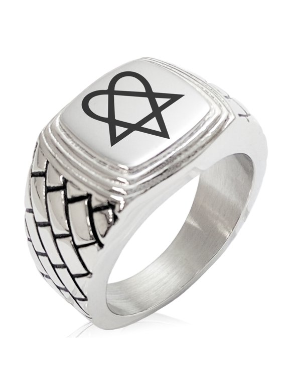 Stainless Steel Heartagram Geometric Pattern Step-Down Biker Style Polished Ring