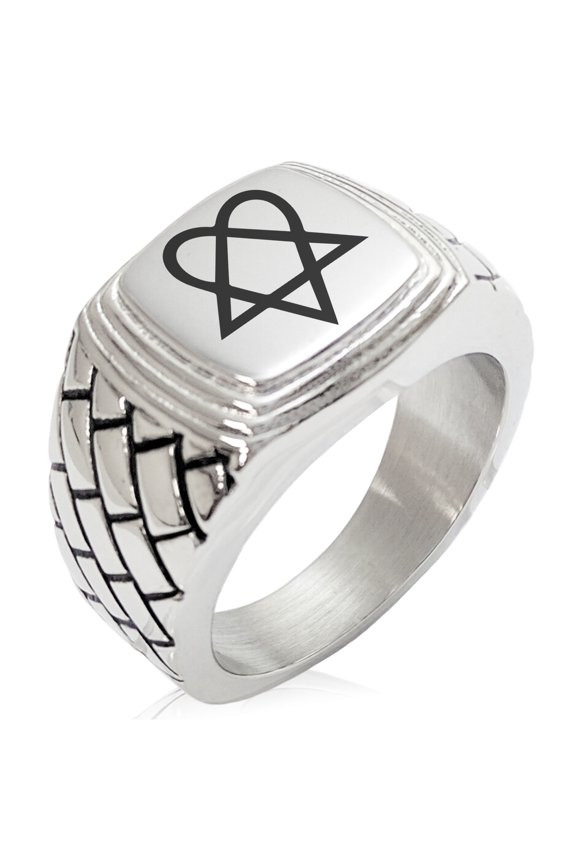 Stainless Steel Heartagram Geometric Pattern Step-Down Biker Style Polished Ring