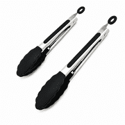 PLERISE 2-Pack Stainless Steel Kitchen Tongs, 7 and 9 Inch BBQ Tongs with Non-Scratch Silicone Tips, Pull Lock, Black