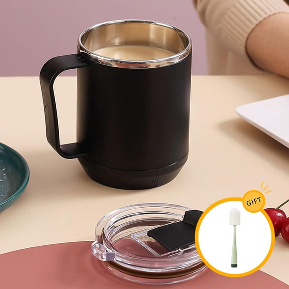 Stainless Steel Heated Coffee Mugs, Flat Bottom for Rapid Heating, with Bottle Cleaner Brush, Suitable for Different Coffee Mug Warmer/Heaters, Black
