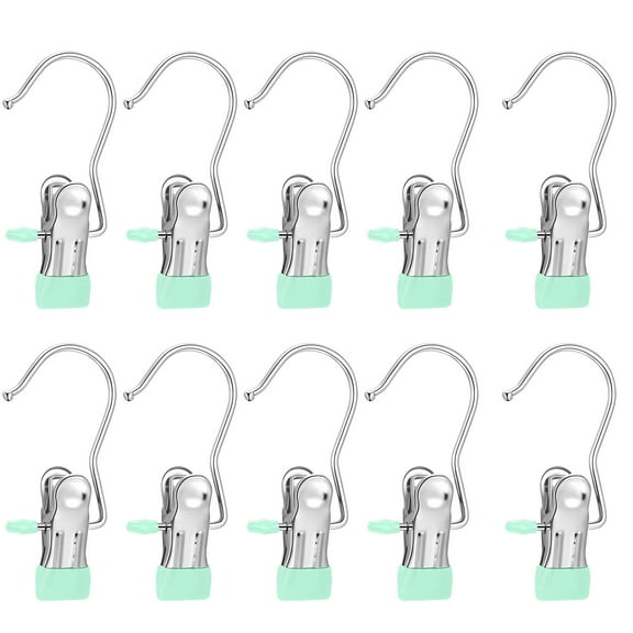 Stainless Steel Heavy Duty Hanger Clips with 360° Rotating Hooks - 10 Pack Windproof Pants, Towel, Hat & Sock Clips for Closet Organization & Travel