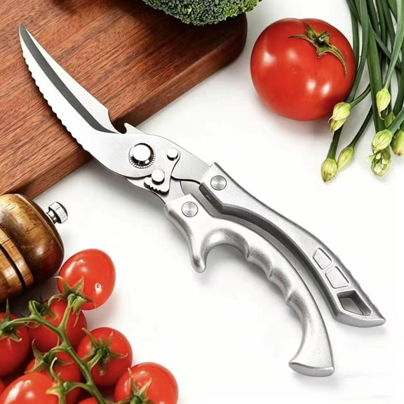Stainless Steel Heavy Duty Kitchen Scissors, Non Slip Handles and Safety Lock, Multi Functional Spring Loaded Kitchen Shears, Chicken Meat Turkey Fish Vegetables, Dishwasher Safe, Silver