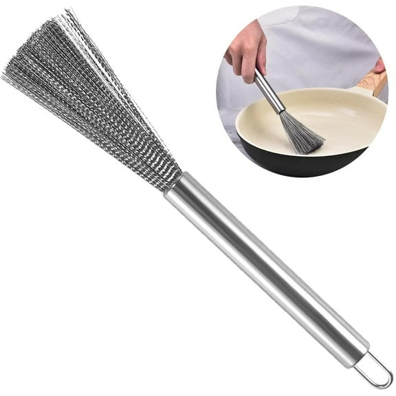 Stainless Steel Pot Brush with Handle, Wire Brush for Bowl Stove Grill Grates, Cleaners Iron Pans Pot Scruubbers, Kitchen Cleaning Tool Silver