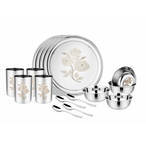 Stainless Steel Heavy Gauge Floral Dinner Set | Kitchen Set for Home | Lazer Design | Shagun | Bartan (Laser 16 Pcs)
