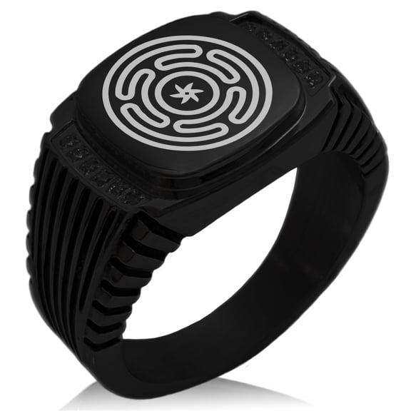 Stainless Steel Hecate Greek Goddess of Magic CZ Ribbed Needle Stripe Pattern Biker Style Polished Ring