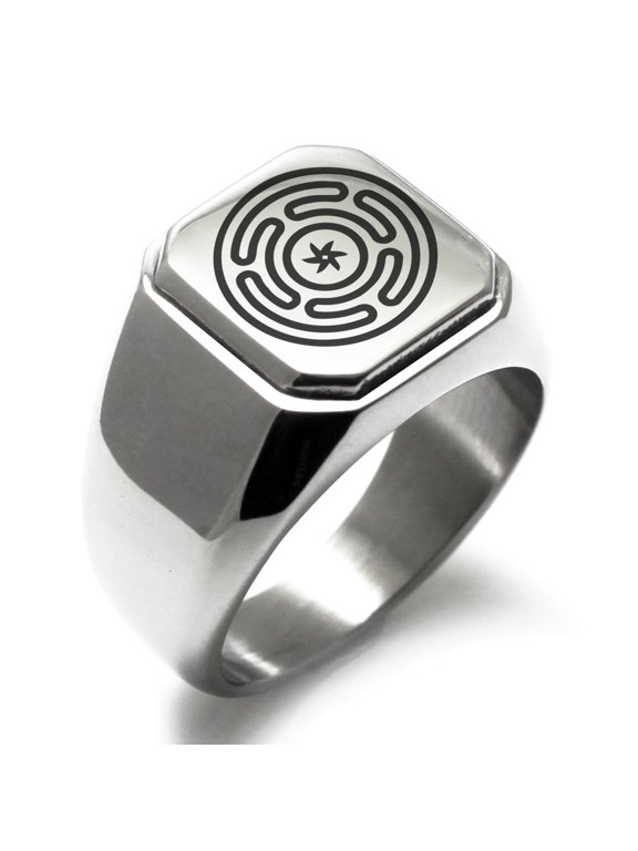 Stainless Steel Hecate Greek Goddess of Magic Engraved Square Flat Top Biker Style Polished Signet Ring