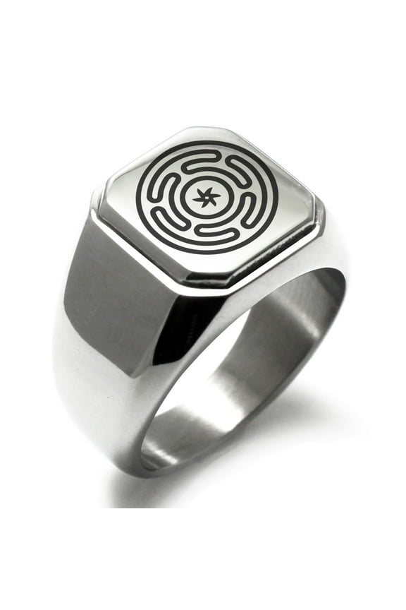 Stainless Steel Hecate Greek Goddess of Magic Engraved Square Flat Top Biker Style Polished Signet Ring