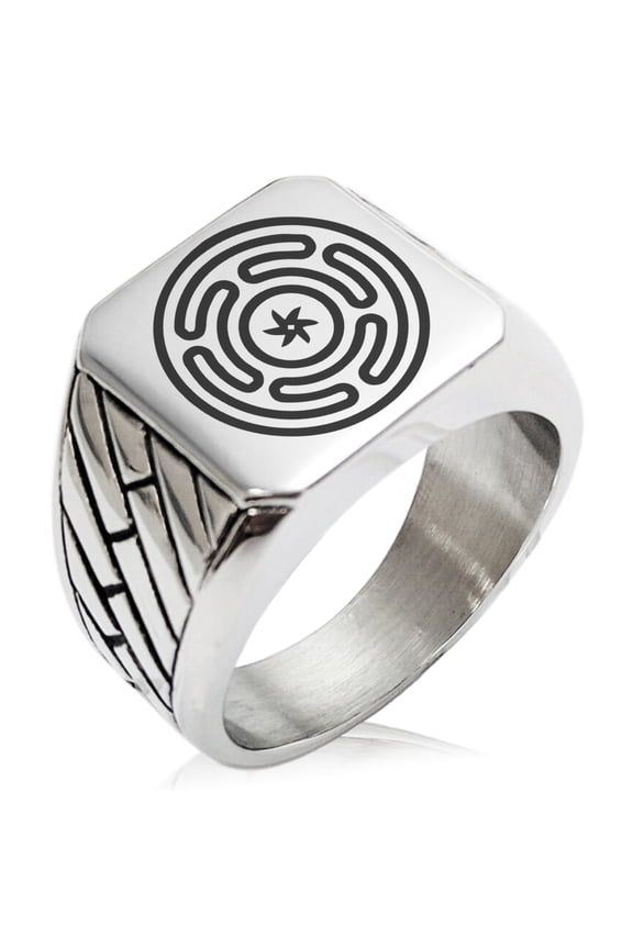 Stainless Steel Hecate Greek Goddess of Magic Geometric Pattern Biker Style Polished Ring