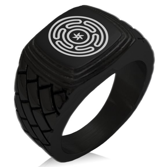 Stainless Steel Hecate Greek Goddess of Magic Geometric Pattern Step-Down Biker Style Polished Ring