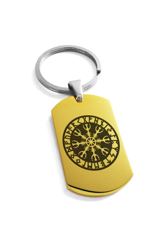Stainless Steel Helm of Awe Viking Norse Engraved Dog Tag Keychain Keyring
