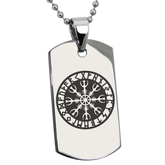 Stainless Steel Helm of Awe Viking Norse Engraved Dog Tag Pendant Necklace