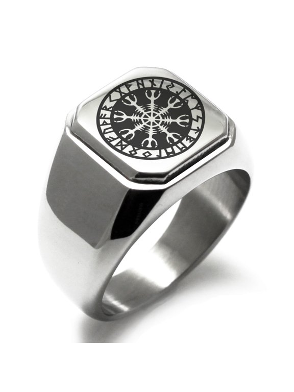 Stainless Steel Helm of Awe Viking Norse Engraved Square Flat Top Biker Style Polished Signet Ring