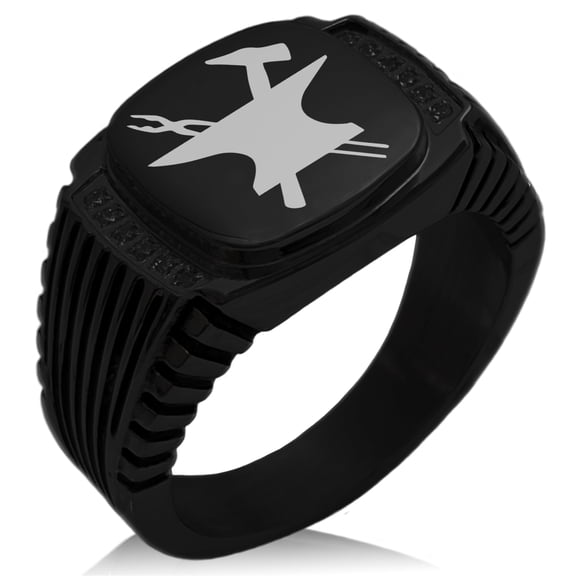 Stainless Steel Hephaestus Greek God of Blacksmith & Fire CZ Ribbed Needle Stripe Pattern Biker Style Polished Ring