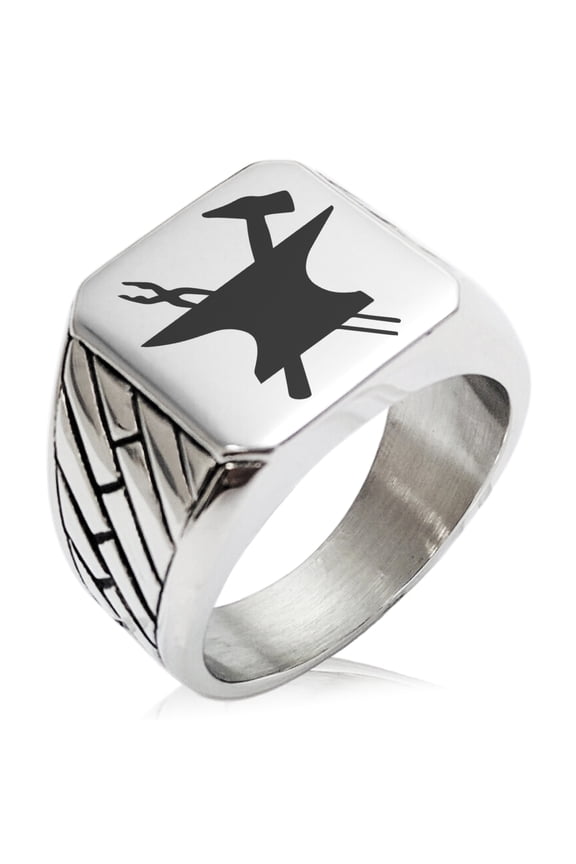 Stainless Steel Hephaestus Greek God of Blacksmith & Fire Geometric Pattern Biker Style Polished Ring