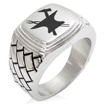 Stainless Steel Hephaestus Greek God of Blacksmith & Fire Geometric Pattern Step-Down Biker Style Polished Ring