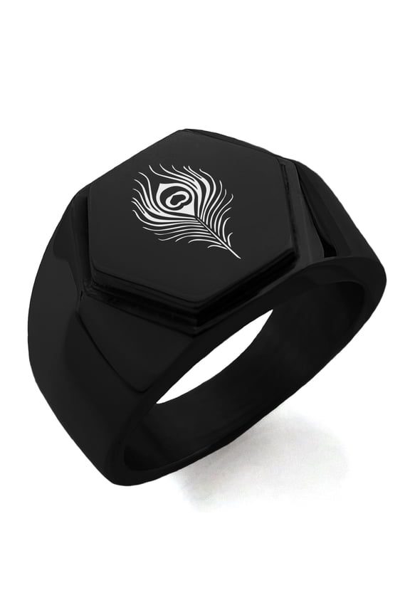 Stainless Steel Hera Greek Goddess of Marriage Engraved Hexagon Crest Flat Top Biker Style Polished Ring