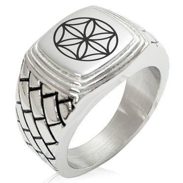 Tioneer Stainless Steel Geometric Pattern Step-Down Biker Style Polished Ring
