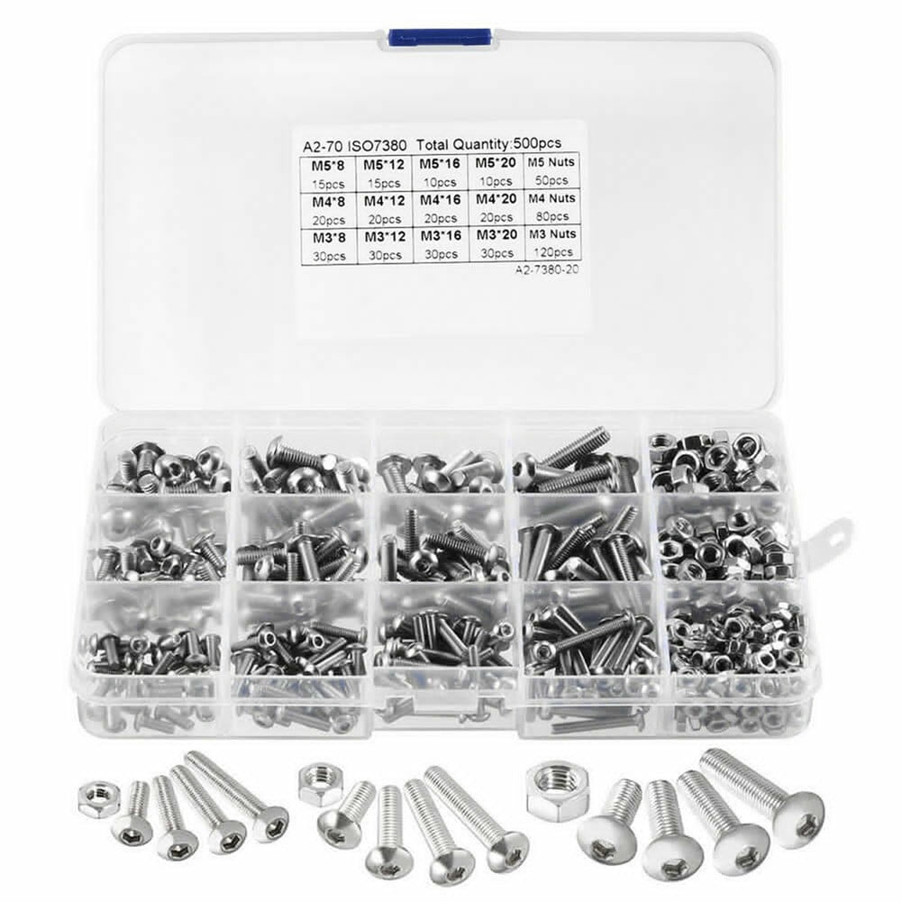 Stainless Steel Hex Socket Bolts Screws Nuts Kit 500Pcs M3 M4 M5