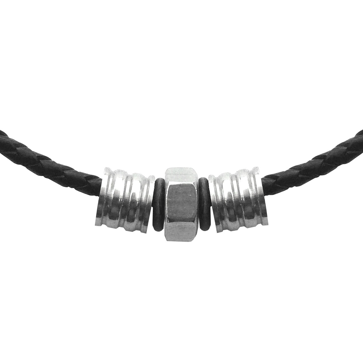 Stainless Steel Hexagon Bead Necklace Black Braided Leather Cord - 16 Inch