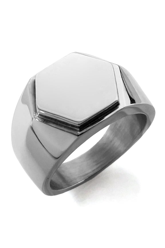 Stainless Steel Hexagon Crest Biker Style Polished Signet Ring