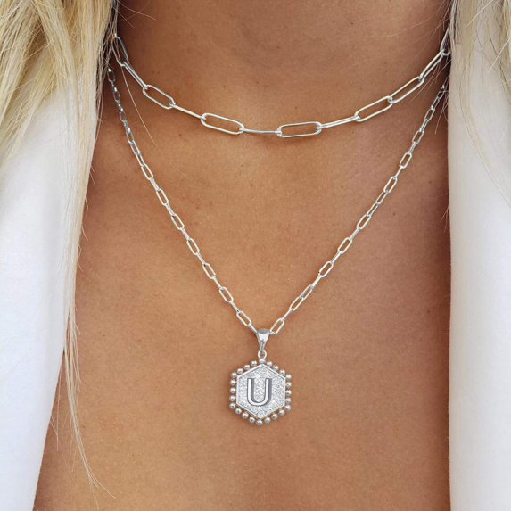 Stainless Steel Hexagon Letter Initial Necklace for Women Elegant Layering Jewelry Pendant Necklace for Daily Wear and