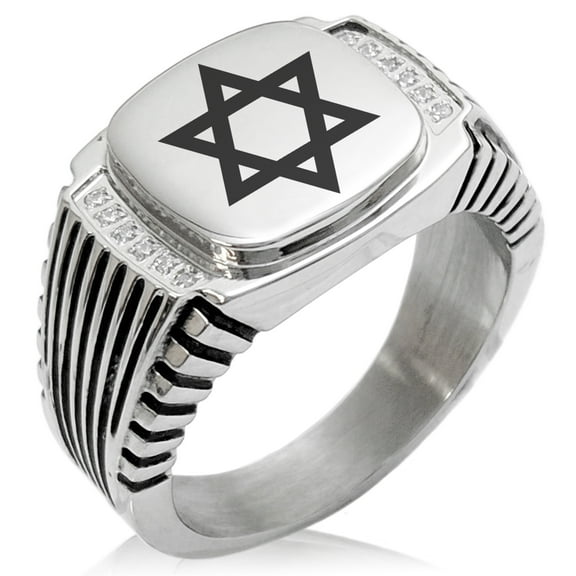 Stainless Steel Hexagram Star of David CZ Ribbed Needle Stripe Pattern Biker Style Polished Ring