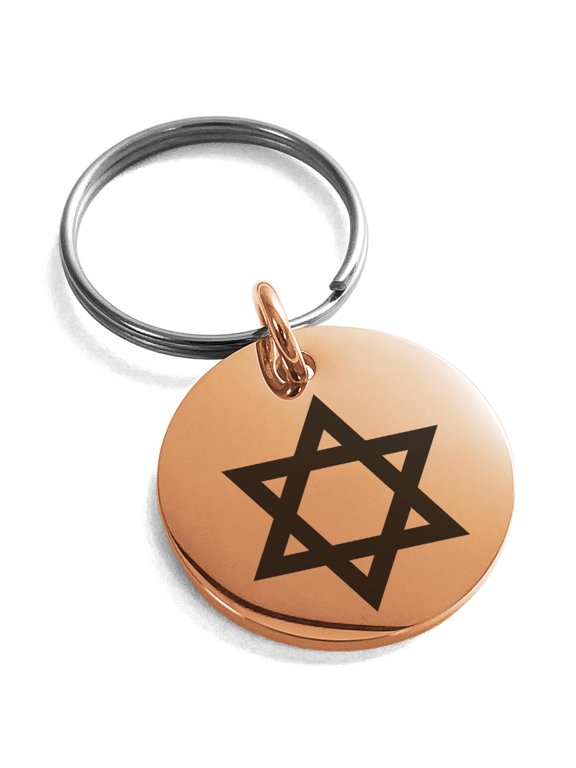 Stainless Steel Hexagram Star of David Engraved Small Medallion Circle Charm Keychain Keyring