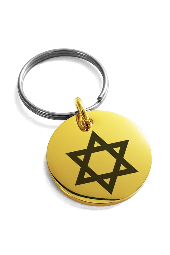 Stainless Steel Hexagram Star of David Engraved Small Medallion Circle Charm Celtic Keychain Keyring