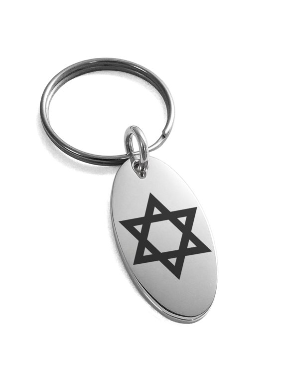 Stainless Steel Hexagram Star of David Engraved Small Oval Charm Keychain Keyring
