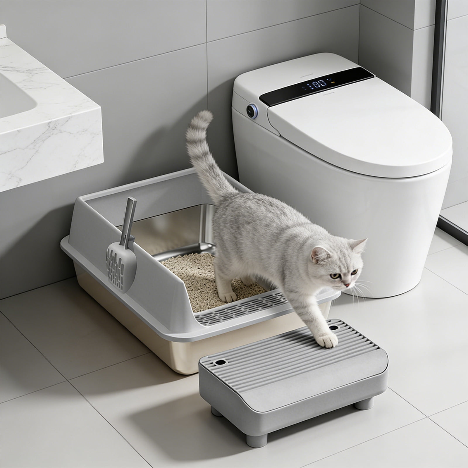 Stainless Steel High Sided Cat Litter Box With Step Platform And Scoop, Odor Control Large Capacity Easy Clean Pet Toilet For Small Cats Durable Anti Leak Design