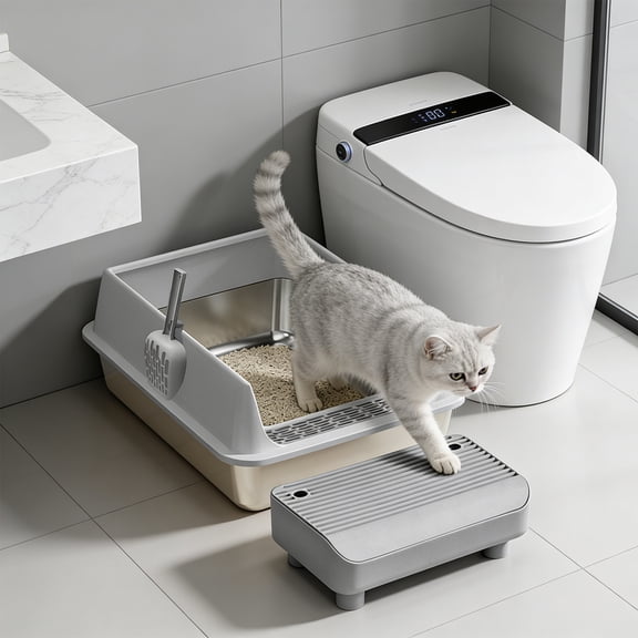 Stainless Steel High Sided Cat Litter Box With Step Platform And Scoop, Odor Control Large Capacity Easy Clean Pet Toilet For Small Cats Durable Anti Leak Design