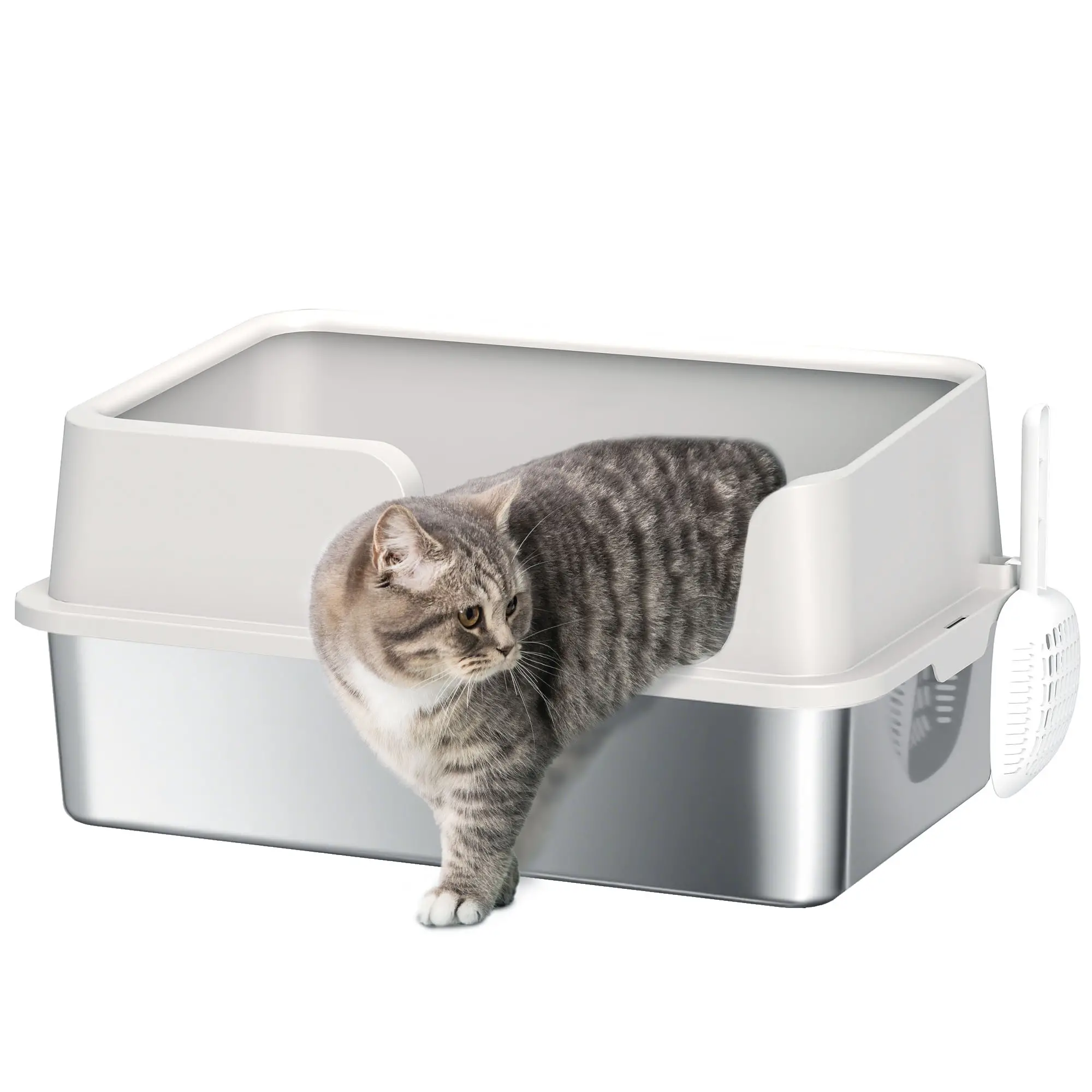 Stainless Steel High Sided Cat Litter Box for Large Cats, Odor Resistant Easy Clean Metal Litter Pan with Raised Edges