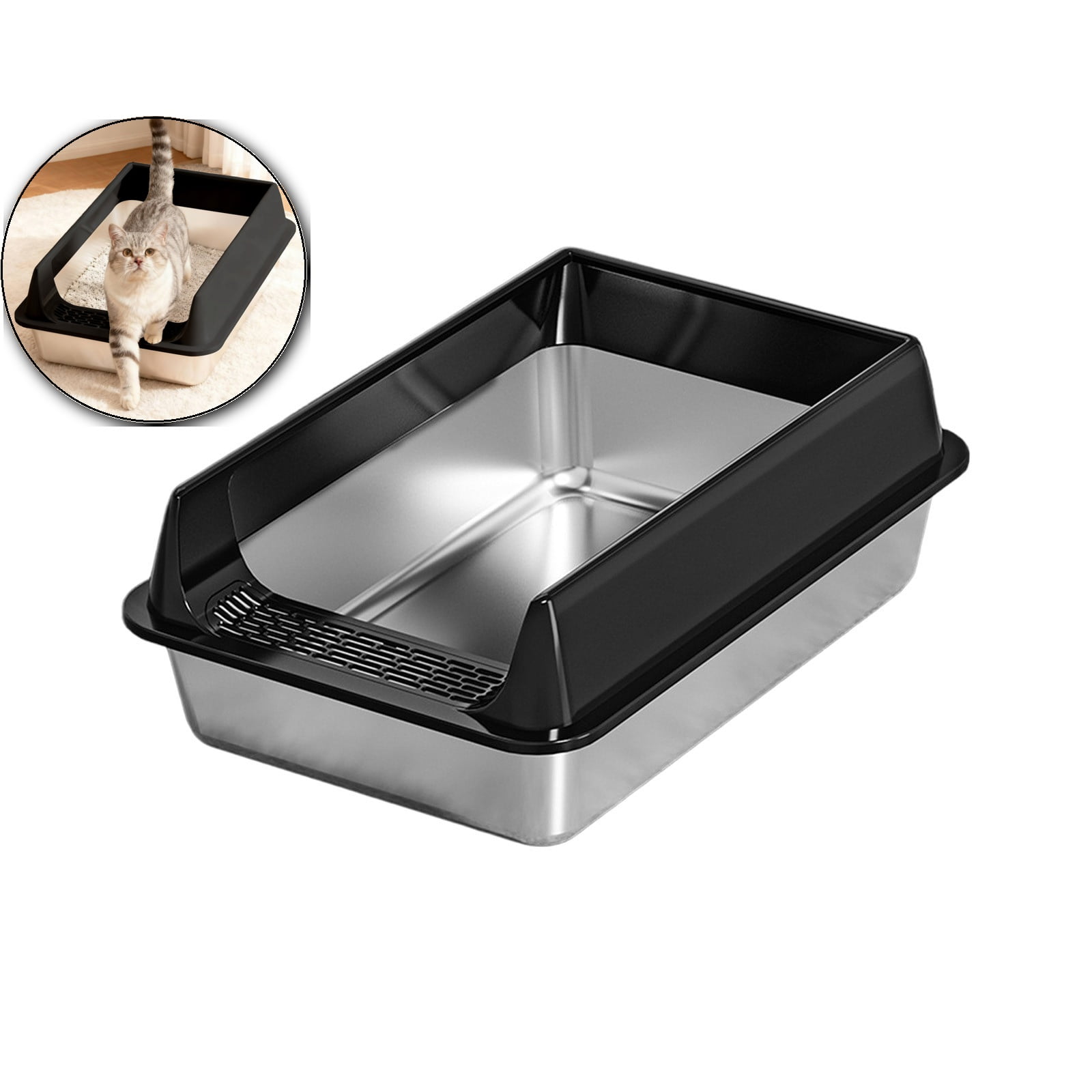 Stainless Steel High-Sided Cat Litter Box with Spade – Black, 15.7x11.8"ss, Odor-Resistant & Easy Clean
