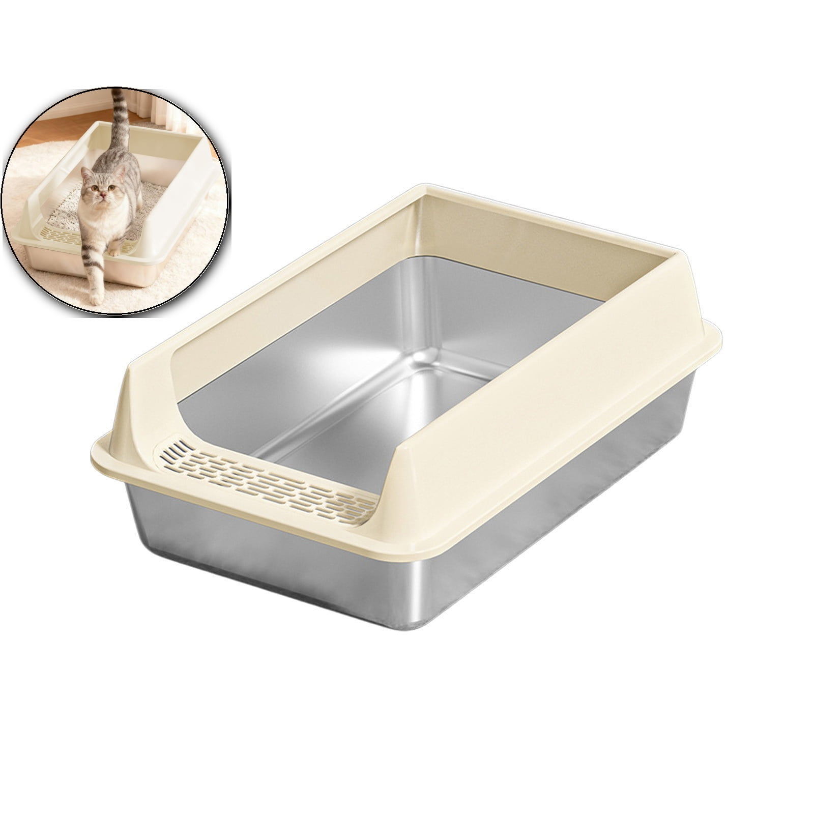 Stainless Steel High-Sided Cat Litter Box with Spade – Khaki, 15.7x11.8"ss, Odor-Resistant & Easy Clean