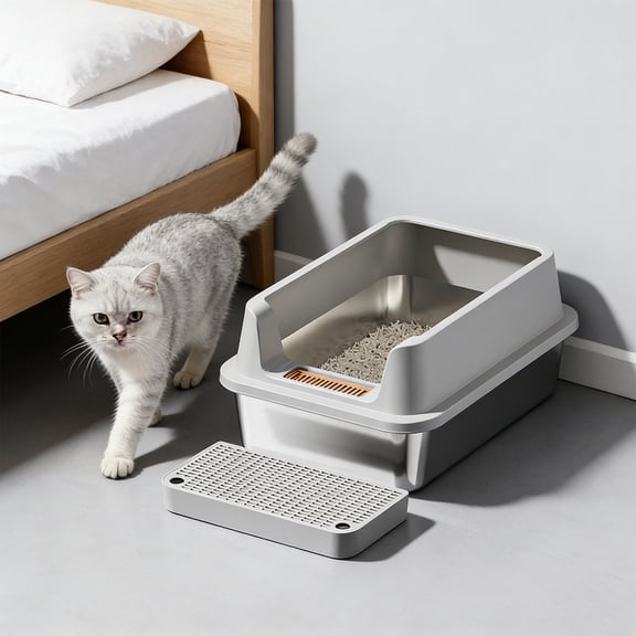 Stainless Steel High Sided Litter Box, Large Open Top Cat Litter Pan with Step Platform, Odor Resistant & Easy Clean, Non-Slip Kitty Tray with Scoop for Small & Large Cats