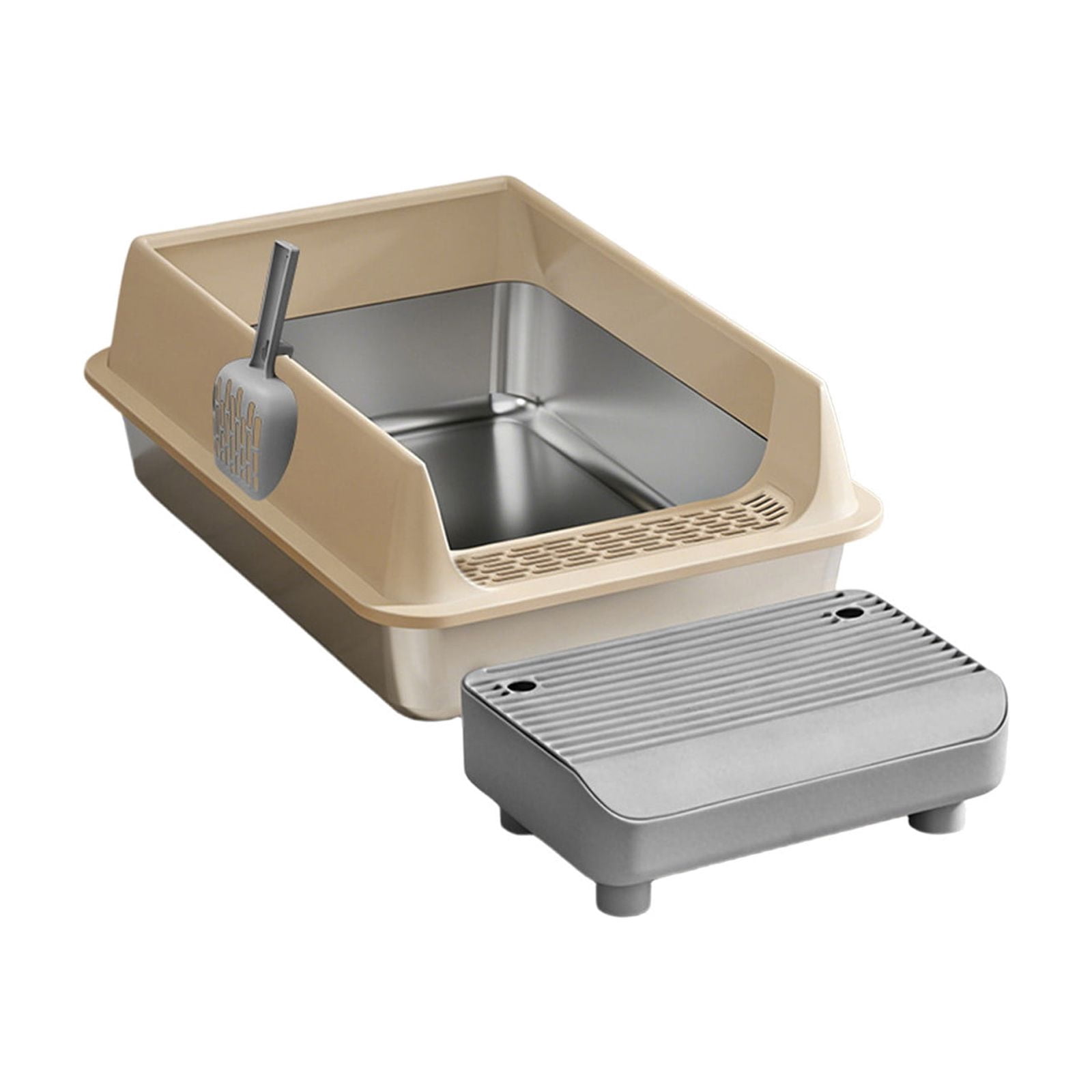 Stainless Steel High Sided Litter Box Suitable for Small Cats Odor Counteractive Proof and Easys To Clean Includes A Step On Platforms and A Litter Spade