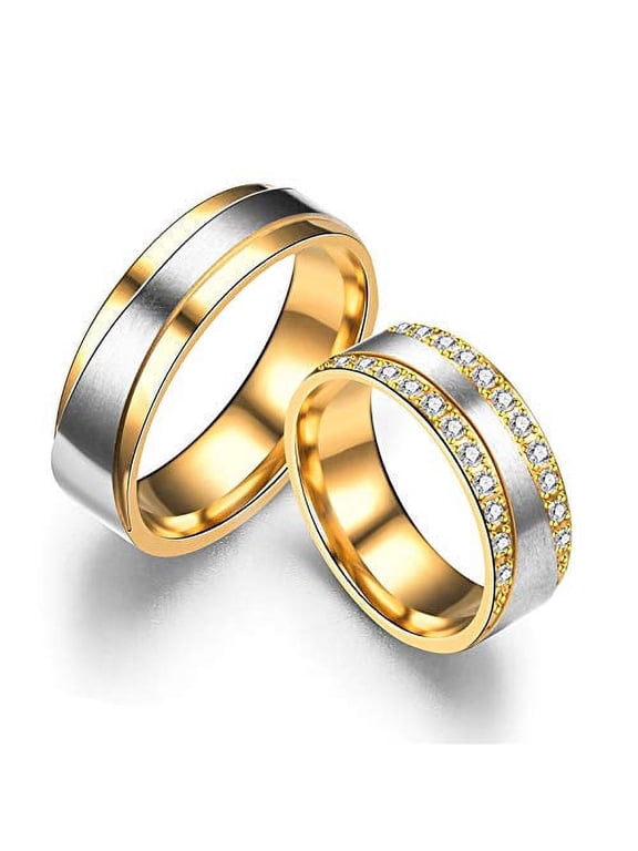 Stainless Steel His and Hers Wedding Bands Engagement Rings Set, Matching Gold Plated Couples Ring for Women Y997 (Women, Size 7)