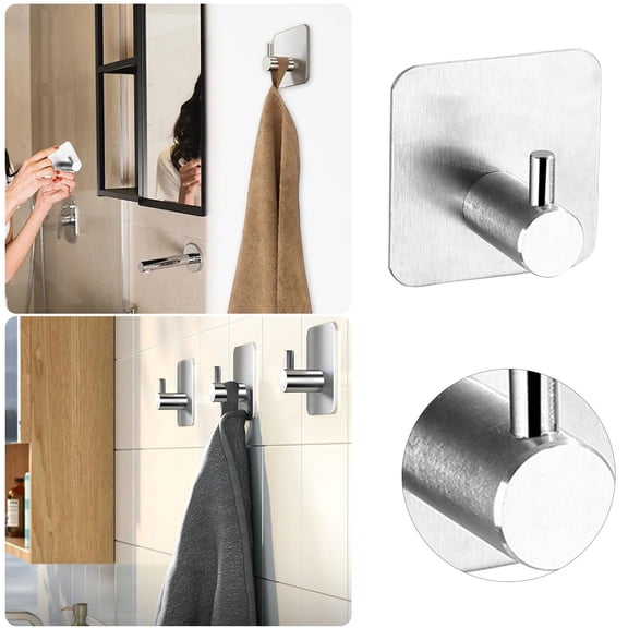 Thickened Punch Free Traceless Door Hooks for Towels and Aprons Suitable for Bath Rooms and Kitchens Stainless Steel Hanger with Strong Load Bearing,1.77X1.77inch,Silver