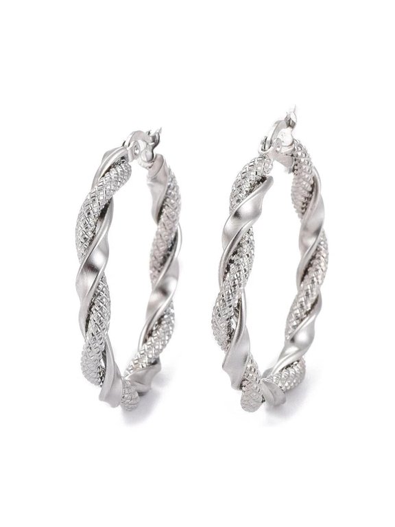 Stainless Steel Hoop Earring Hypoallergenic Ear Nut Twisted Ring Silver Hinged Textured Z284