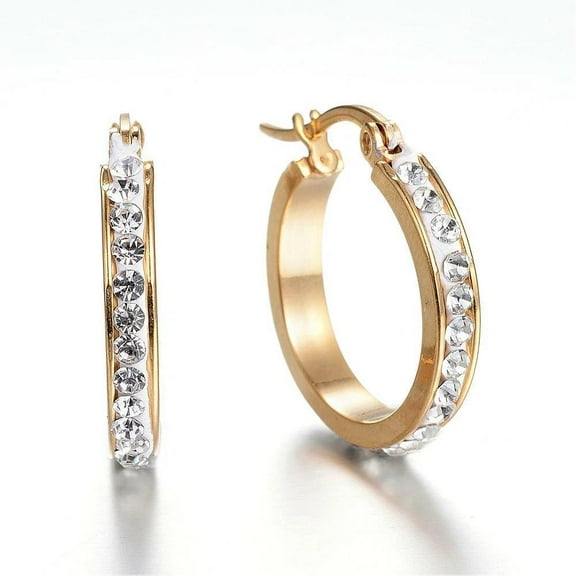 Stainless Steel Hoop Earrings Clay Rhinestone Oval Gold Silver 0.8" P617