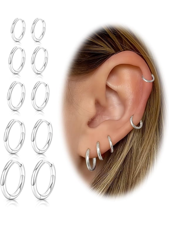 Stainless Steel Hoop Earrings, Hypoallergenic Earrings for Women Men 14k Gold Plated Small Huggie Hoop Earrings Stack Set for Multiple Piercing Lightweight Cartilage Helix Conch Hoop