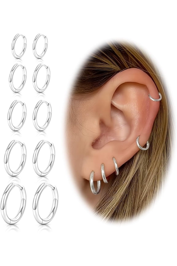 Stainless Steel Hoop Earrings, Hypoallergenic Earrings for Women Men 14k Gold Plated Small Huggie Hoop Earrings Stack Set for Multiple Piercing Lightweight Cartilage Helix Conch Hoop
