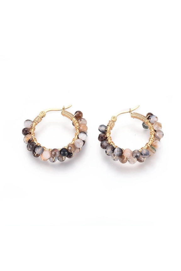Agate(Brown) Stainless Steel Hoop Earrings Pearl Ring White Gold Agate(Brown) P326