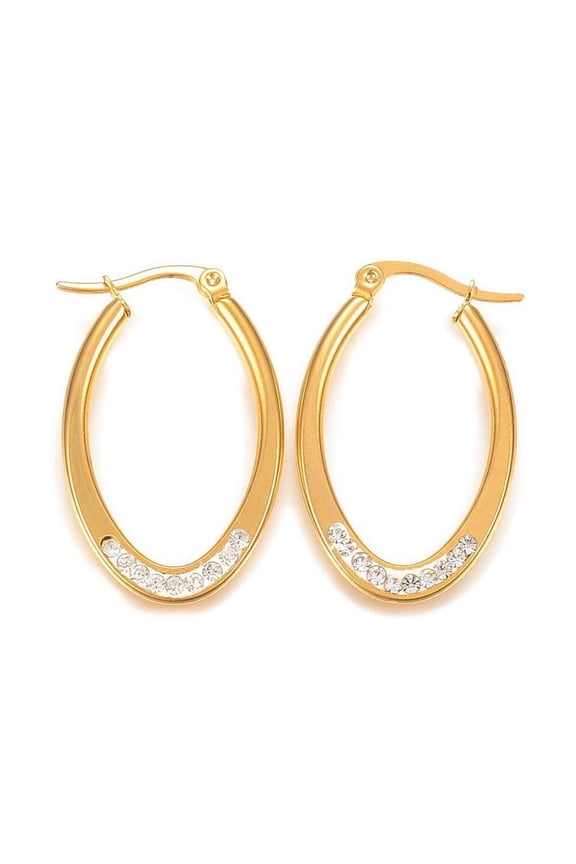 Stainless Steel Hinged Hoop Earrings Polymer Rhinestone Oval Gold 1.2 Inch 1x0.8mm P590