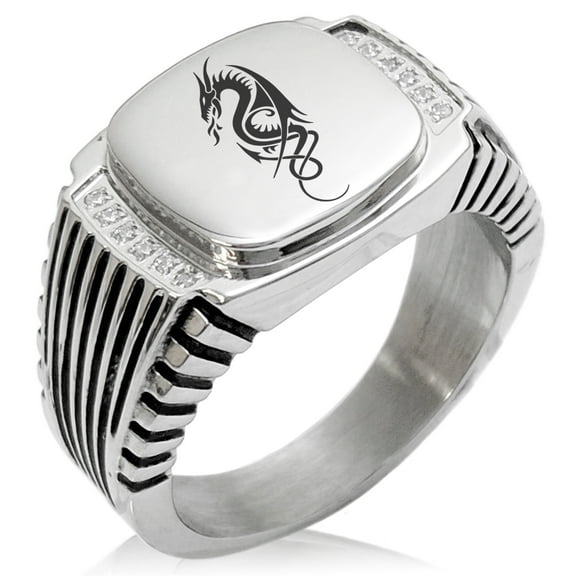 Tioneer Stainless Steel Horned Dragon CZ Ribbed Needle Stripe Pattern Biker Style Polished Ring