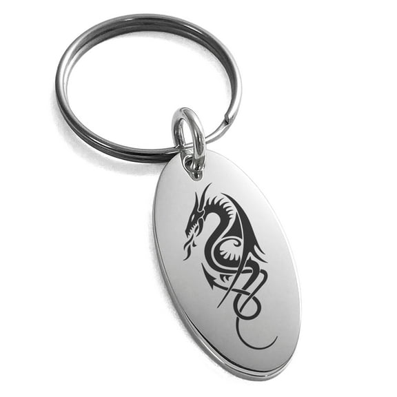 Stainless Steel Horned Dragon Engraved Small Oval Charm Keychain Keyring