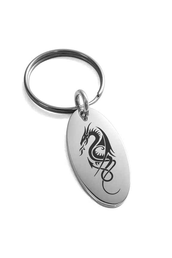 Stainless Steel Horned Dragon Engraved Small Oval Charm Keychain Keyring