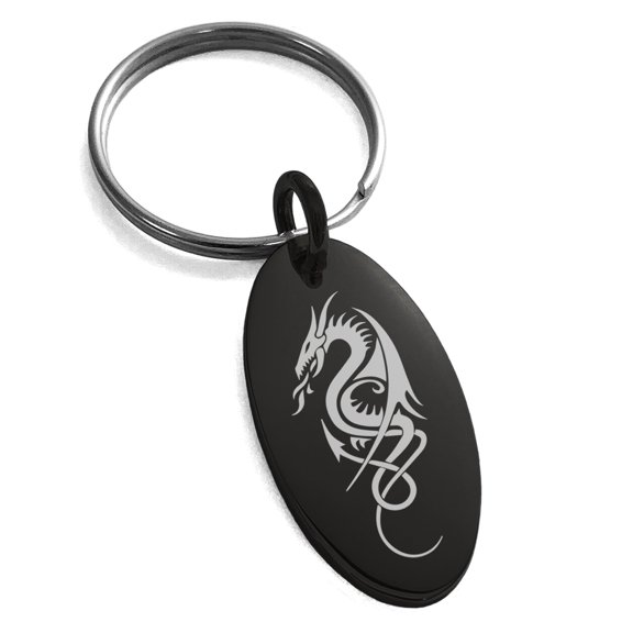 Stainless Steel Horned Dragon Engraved Small Oval Charm Keychain Keyring