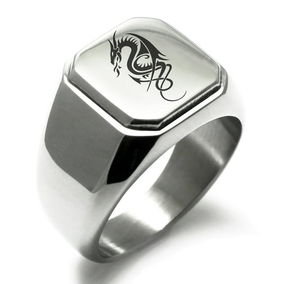 Stainless Steel Horned Dragon Engraved Square Flat Top Biker Style Polished Ring