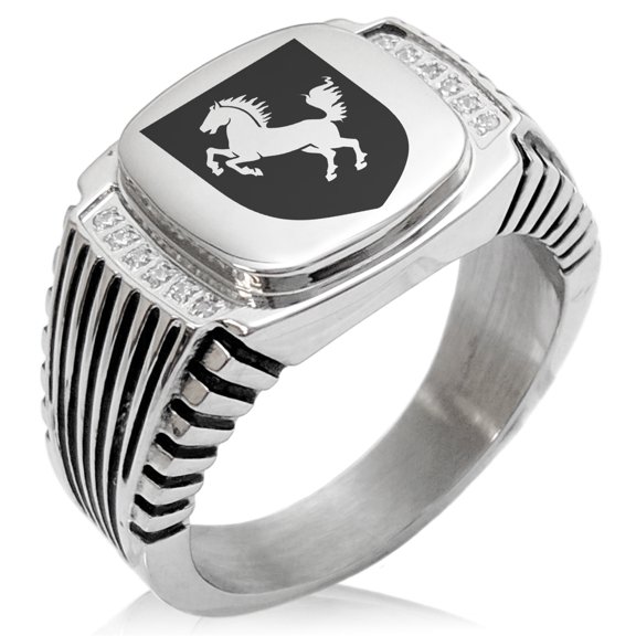 Stainless Steel Horse Battle Coat of Arms Shield CZ Ribbed Needle Stripe Pattern Biker Style Polished Ring